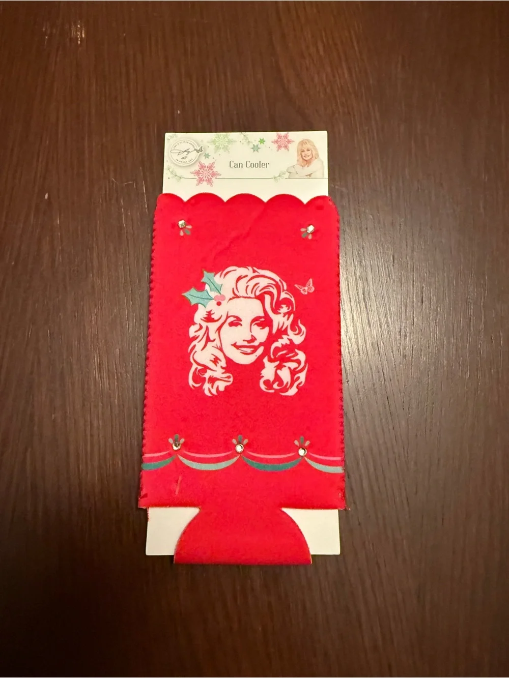 Dolly Parton Red Festive Can Cooler with Decorative Dolly Portrait